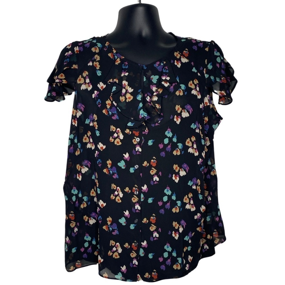 attention Floral Keyhole Babydoll Blouse (Size:XL, Color:Black/Multi)